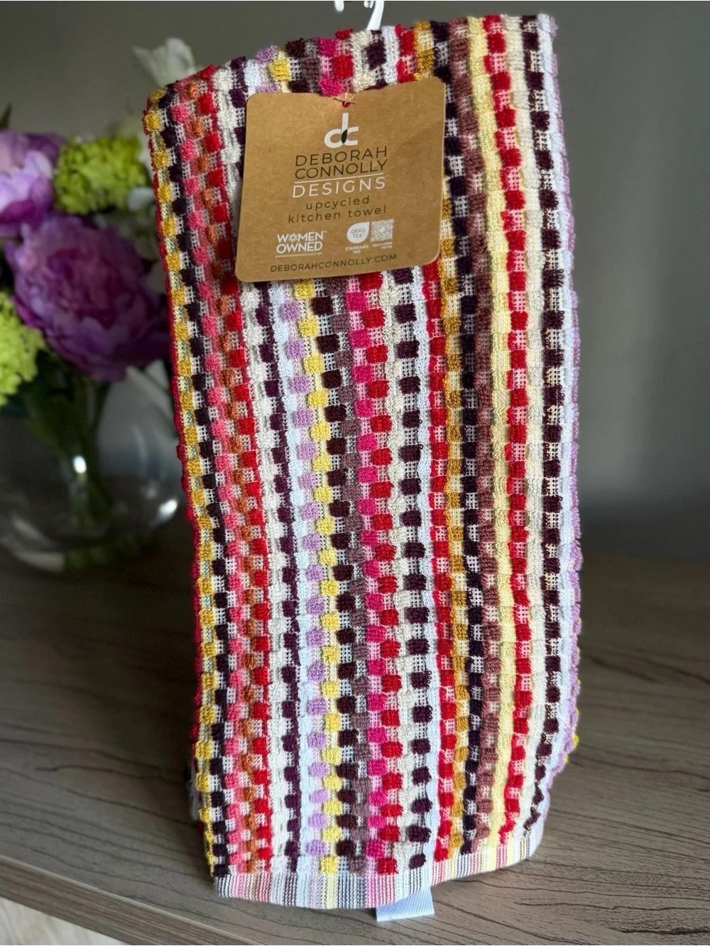 DEBORAH CONNOLLY FALL KITCHEN TOWELS (3) BLOCKS RED GOLD PURPLE 100% COTTON